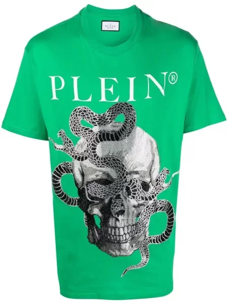 Tricou Philipp Plein cu imagine cu model piele de șarpe scurt verde