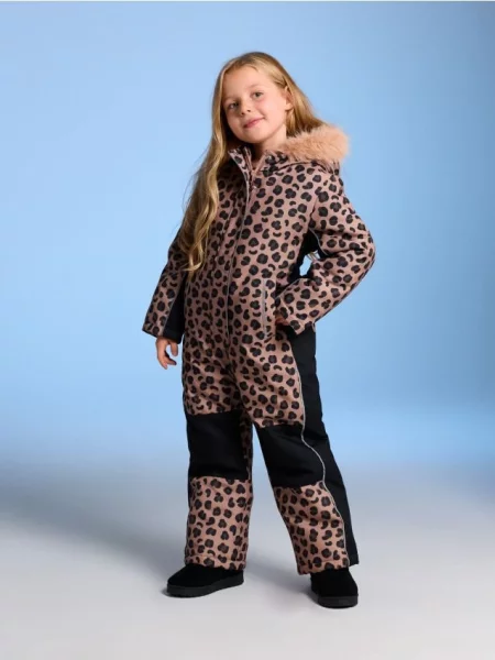 Sinsay Zateplená zimní kombinéza s kapucí a leopardím vzorem béžová