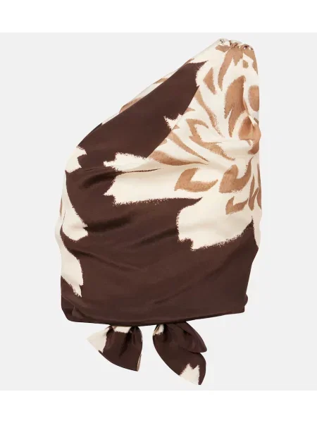 Top Sir din satin cu model floral cu un umăr gol maro