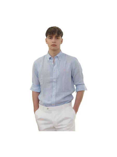 Lniana koszula Polo Ralph Lauren w paski z paskiem niebieska