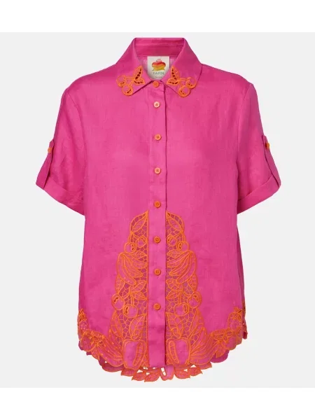 Cămașă de in Farm Rio cu broderie de in roz