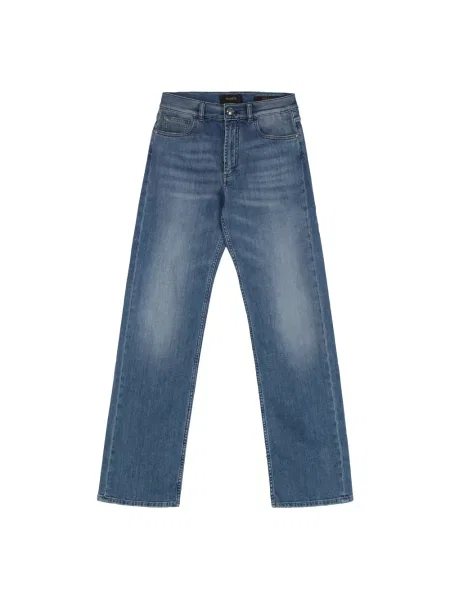 Jeansy straight leg Moorer skórzane z logo niebieskie