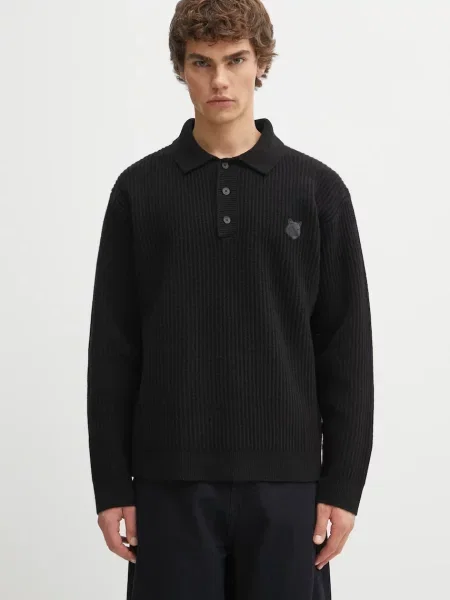 Maison Kitsuné pulover de lână Fox Head Wool Ribbed Polo călduros negru