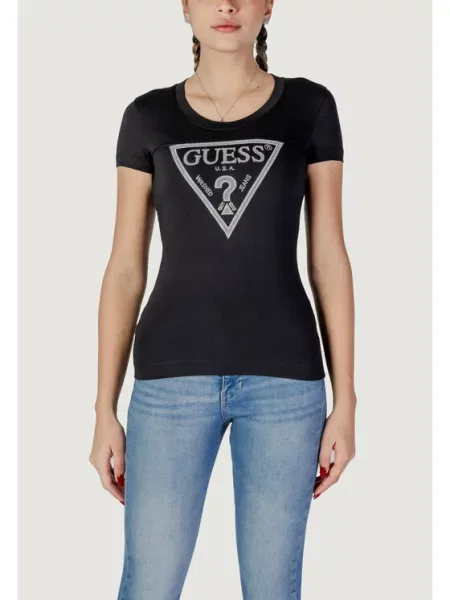 Guess T-shirt SS CN SHINY TRIANGLE Shirt Fit crna