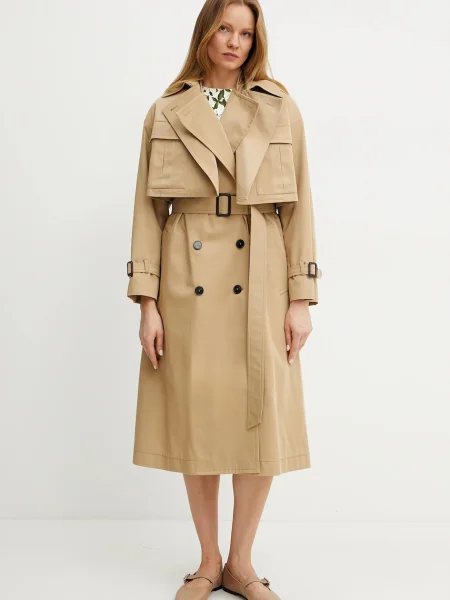 Палто Weekend Max Mara кафяво преходен модел с двуредно закопчаване бежово