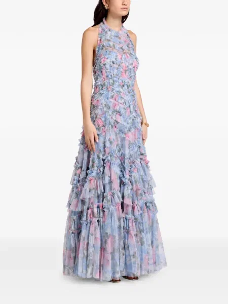 Květinové oblekové maxi šaty Needle & Thread s potiskem modré