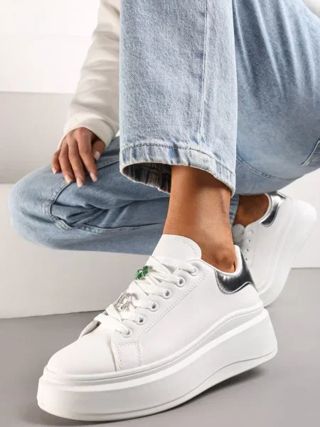 Sneakersy Ozdobione Cyrkoniami i Kwiatami na Grubej Podeszwie Rainasse srebrne