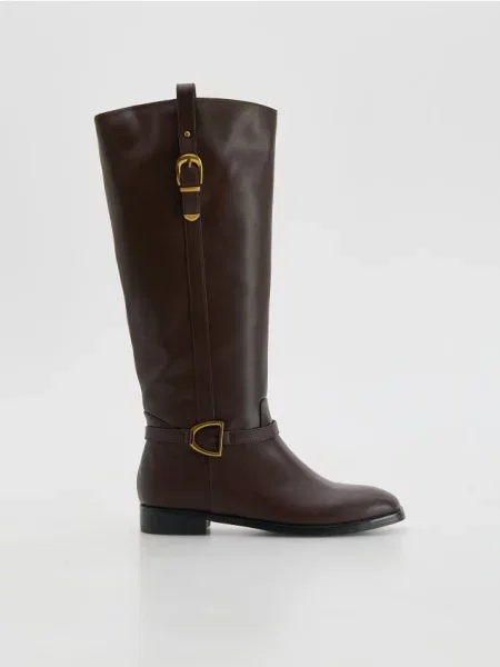 Кожаные сапоги Reserved с пряжкой коричневые
