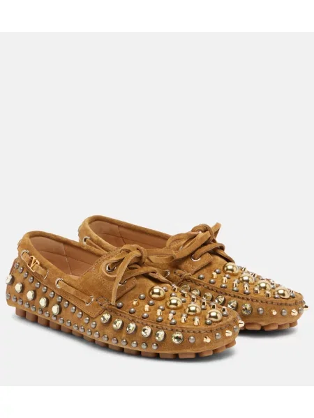 Pantofi loafer Valentino Garavani din piele de căprioară cu tepi bej