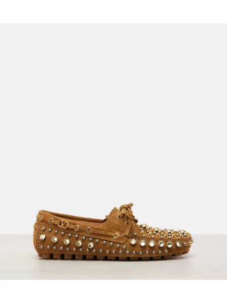 Semišové loafersy Valentino Garavani s cvočkami béžová
