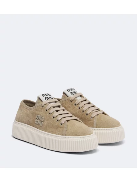 Sneakerși Miu Miu din piele de căprioară cu platformă bej
