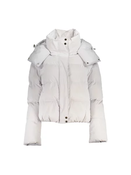 Lniana kurtka puchowa Patrizia Pepe z kapturem z długim rękawem biała