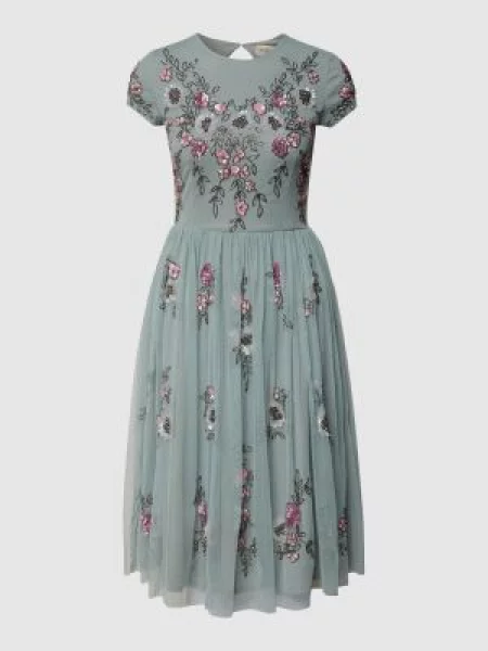 Sukienka koktajlowa o długości do kolan z cekinowym obszyciem Lace & Beads szara