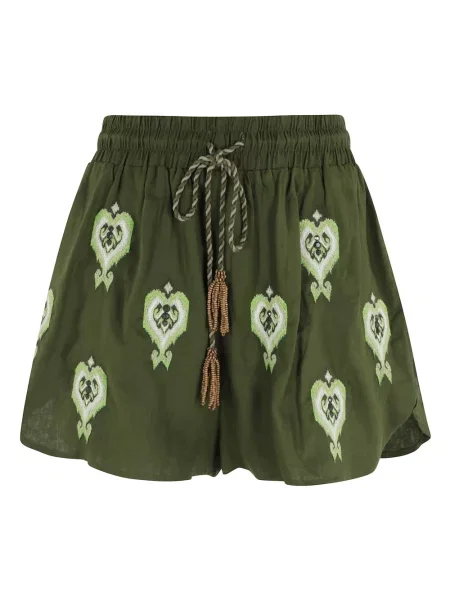 Haftowane lniane szorty Farm Rio w serca zielone