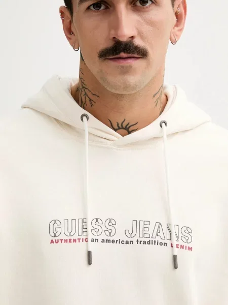 Свитер Guess Jeans с капюшоном с принтом бежевый