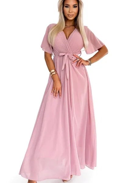 Rochie maxi Numoco plisată cu legături lungă