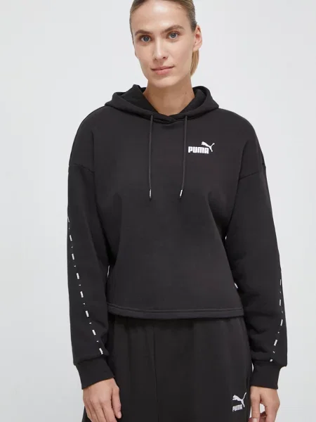 Суичър с качулка Puma с качулка с принт черно