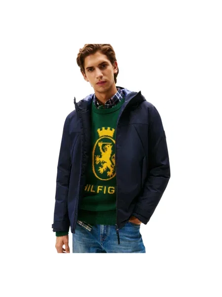 Krótka kurtka Tommy Hilfiger z kapturem niebieska
