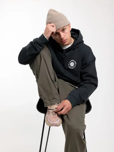Кофта Flowers for Society Basic Chest Hoodie з капюшоном однотонна чорний