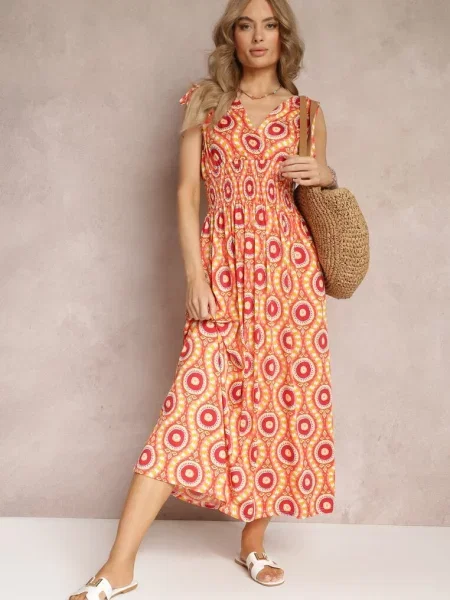 Rozkloszowana Sukienka z w Fantazyjny Print Karlene pomarańczowa