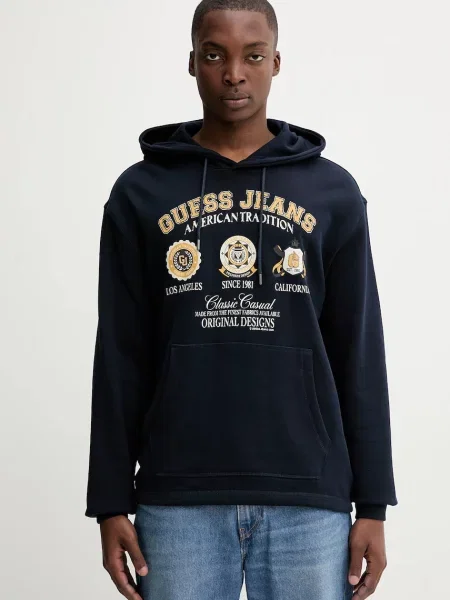 Bombažen pulover Guess Jeans mornarsko s kapuco modra