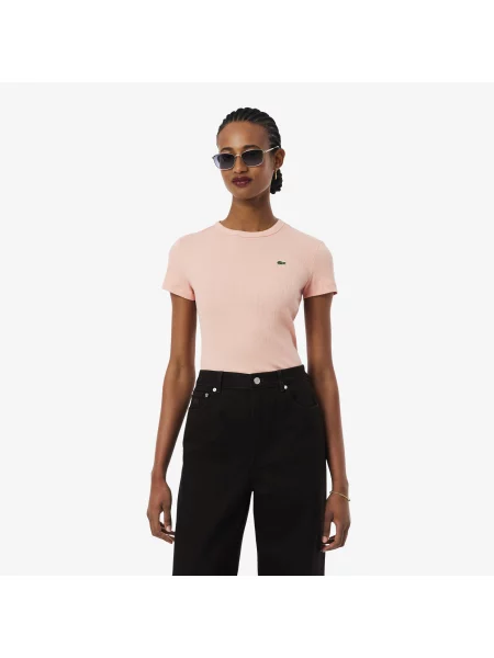 Lacoste Dopasowany Prążkowany T-Shirt różowa
