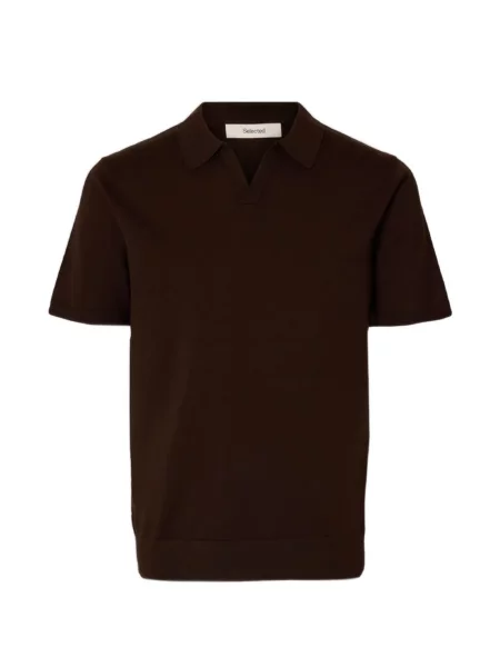Плетена поло тениска Selected с V-образно деколте кафяво