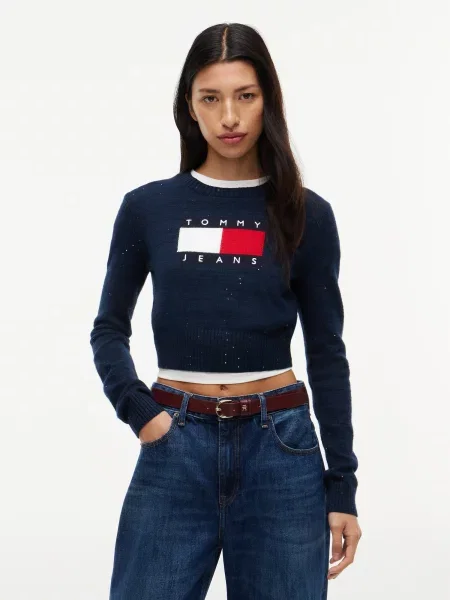 Tommy Jeans Pulover bleumarin / roșu alb