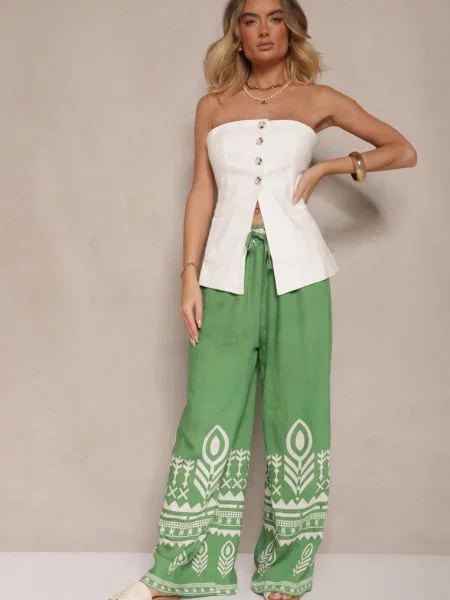 Szerokie Spodnie z z Gumką w Talii Zdobione Etnicznym Wzorem Soleldi zielone