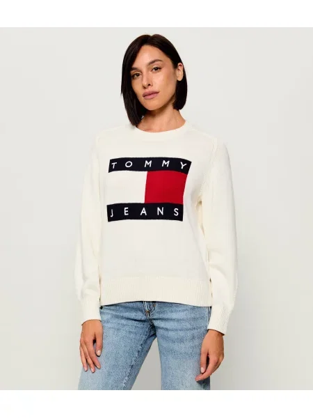 Tommy Jeans Pulover | Relaxed fit cu adaos de lână bej