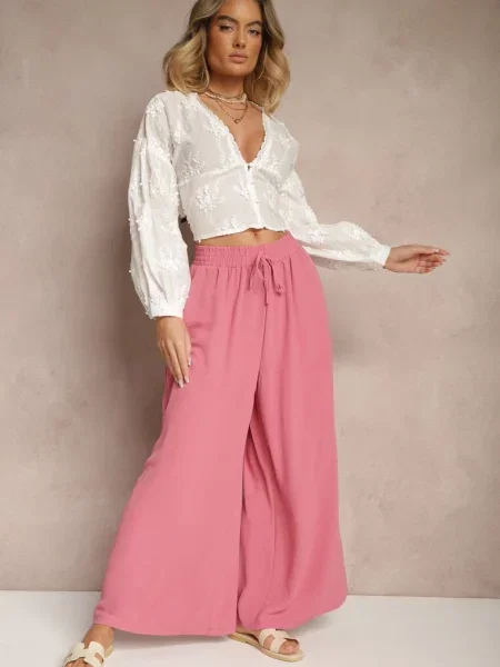 Spodnie Palazzo o Szerokim Kroju Ozdobione Sznurkiem Ularira różowe