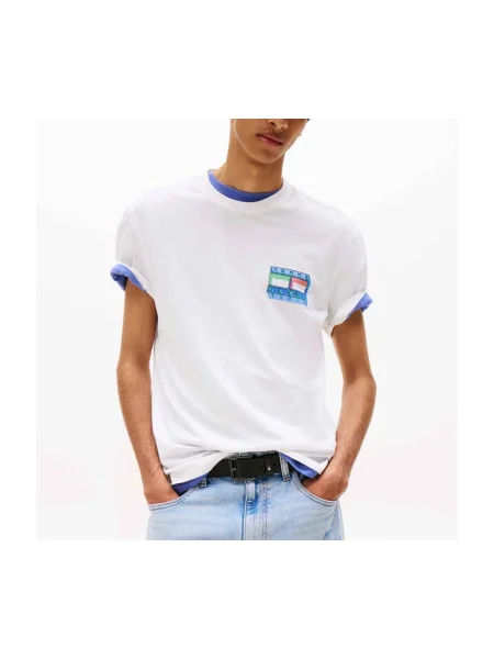 Tommy Jeans Tricou ecru / albastru regal / verde deschis / roșu deschis alb