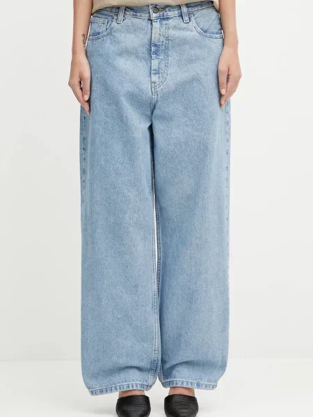 Blugi Carhartt Wip cu talie înaltă cu strasuri albastru