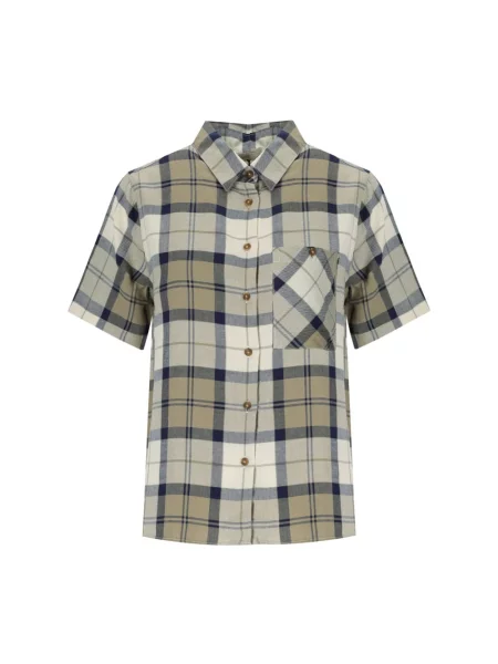 Lniana krótka koszula z krótkim rękawem Barbour w kratkę beżowa