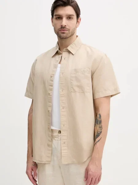 Ленена риза Calvin Klein Jeans мъжка бежово със стандартна кройка с класическа яка синьо