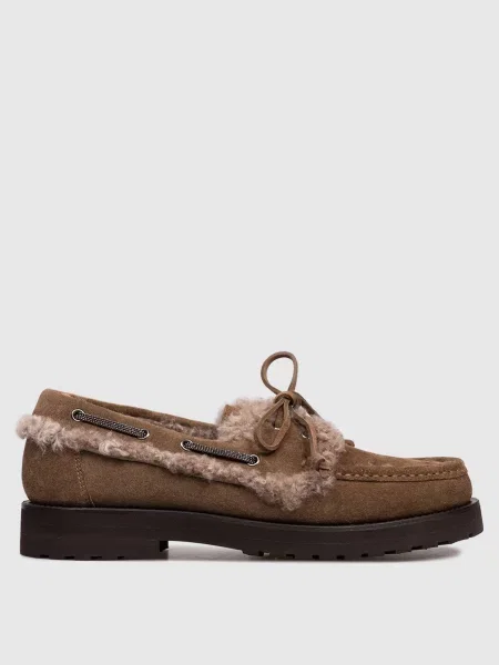 Замшеві лофери на хутрі з ланцюжком моніль Brunello Cucinelli коричневі