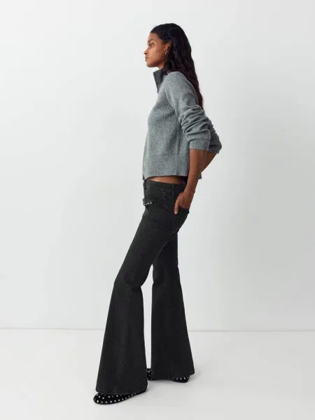 Dżinsy o kroju flare z dżetami black denim Teen 34 MANGO TEEN czarne