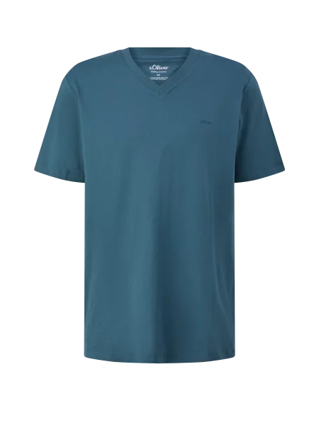 T-shirt z dekoltem w serek i nadrukowanym logo niebieska
