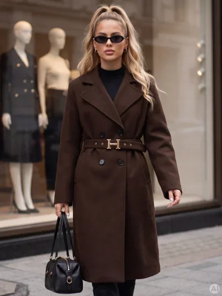 Elegancki płaszcz dwurzędowy z paskiem czekoladowy Dstreet