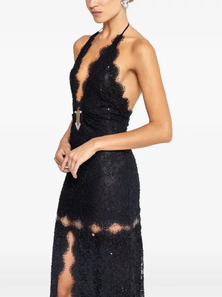 Rochie maxi Nissa din dantelă cu mărgele negru