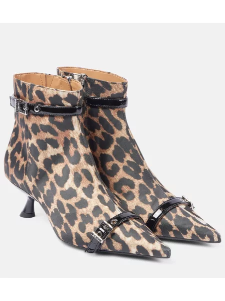 Cizme scurte Ganni din satin cu imagine cu model leopard