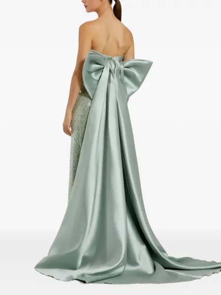 Rochie maxi Mac Duggal cu funde fără bretele de costum verde