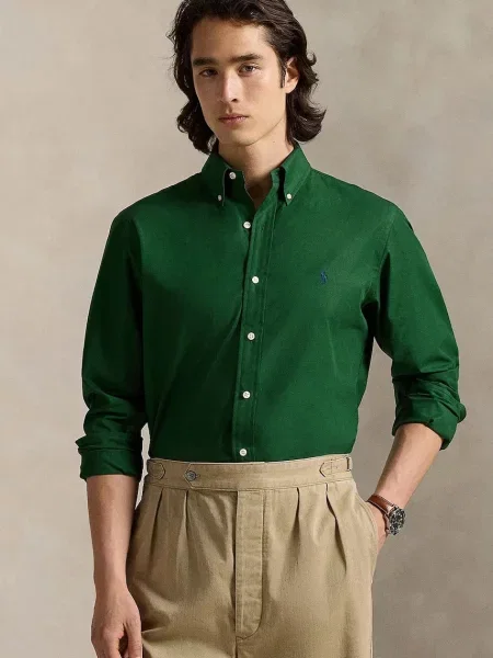 Риза Polo Ralph Lauren розово със стандартна кройка с яка с копче зелено
