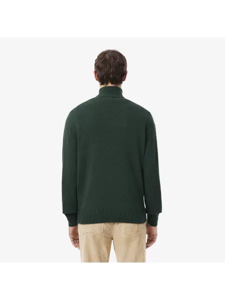 Lacoste Wełniany Sweter Z Wysokim Kołnierzem I Zamkiem zielony