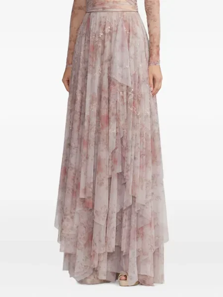 Fustă Ralph Lauren Collection cu model floral cu volane roz