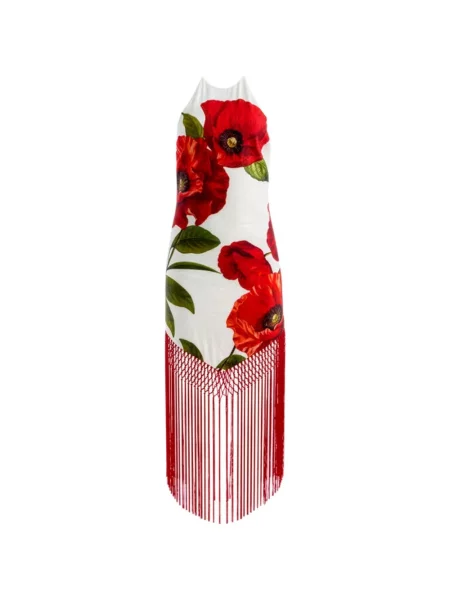 Rochie midi Alice + Olivia cu franjuri cu gât halter alb