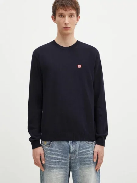 Human Made pulover de lână Heart Badge Knit bărbați bleumarin light