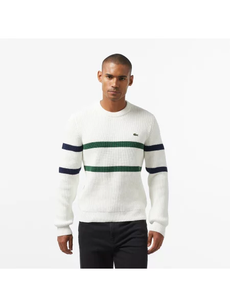 Lacoste Sweter W Paski Z Okrągłym Dekoltem I Luźnym Krojem biały