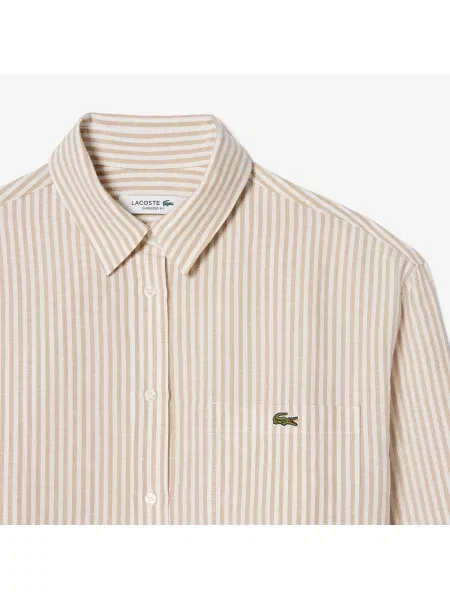 Lacoste Lniana Koszula W Paski Oversize Kremowa Kremowy