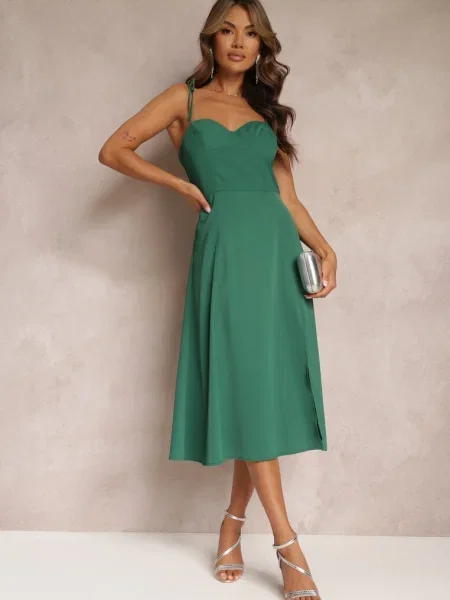 Rochie Midi cu Talie Largă și Decupaj pe Bretele Josine verde